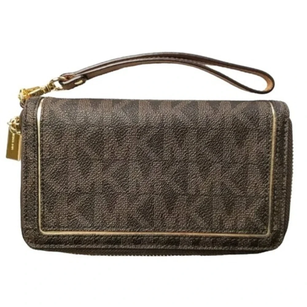 NWOT Michael Kors Jet Set Brown &‎ Gold Signature Wristlet Zip Wallet